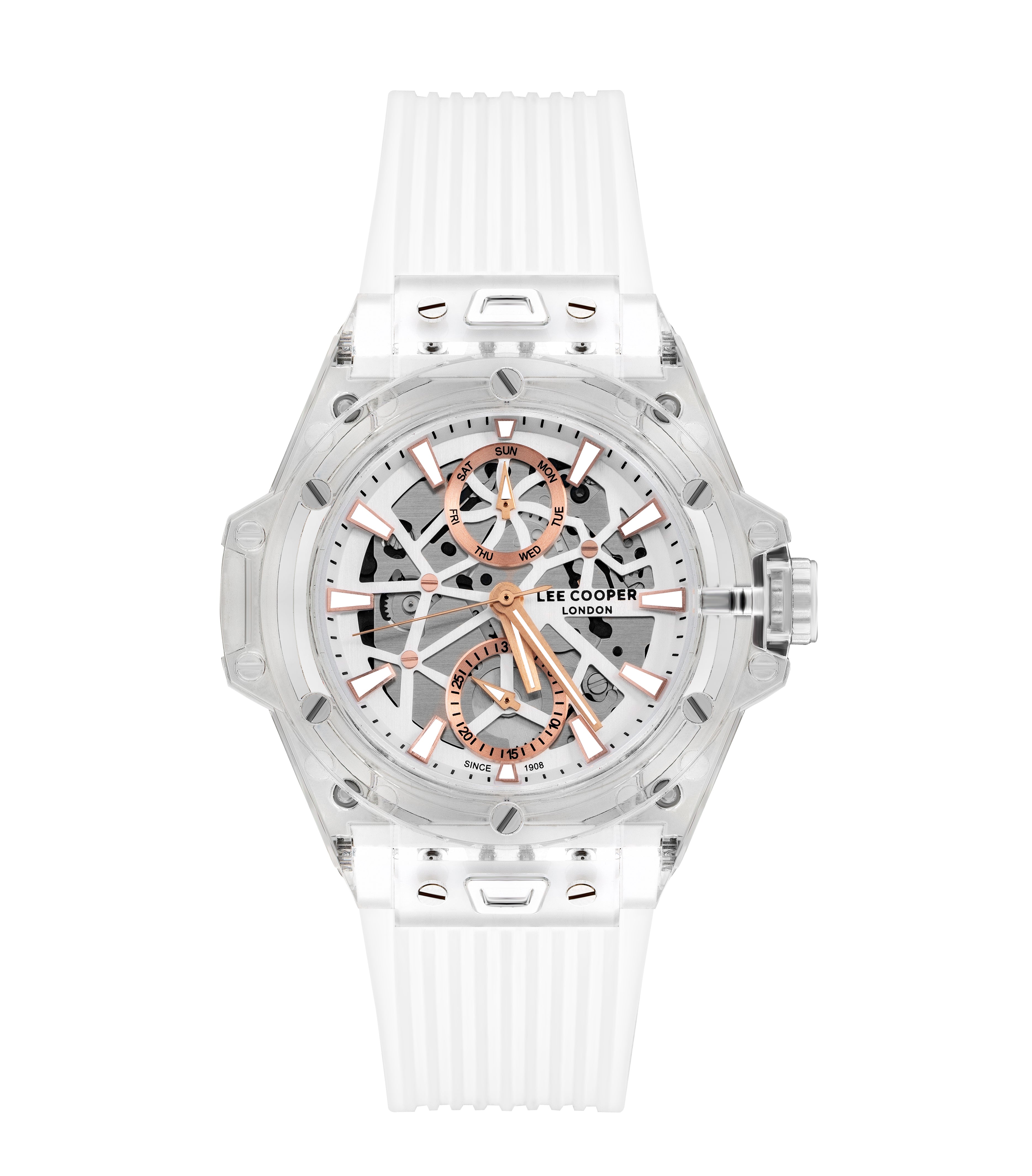 Lee Cooper LC07975.333 multifunction watch with silver skeleton dial and white silicone strap