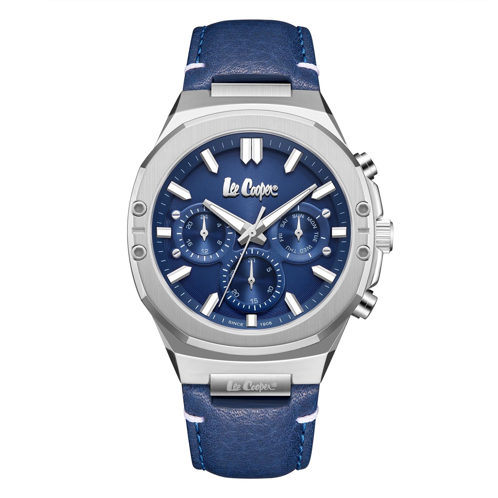 Lee Cooper LC07992.399 silver chronograph watch with blue dial and blue leather strap