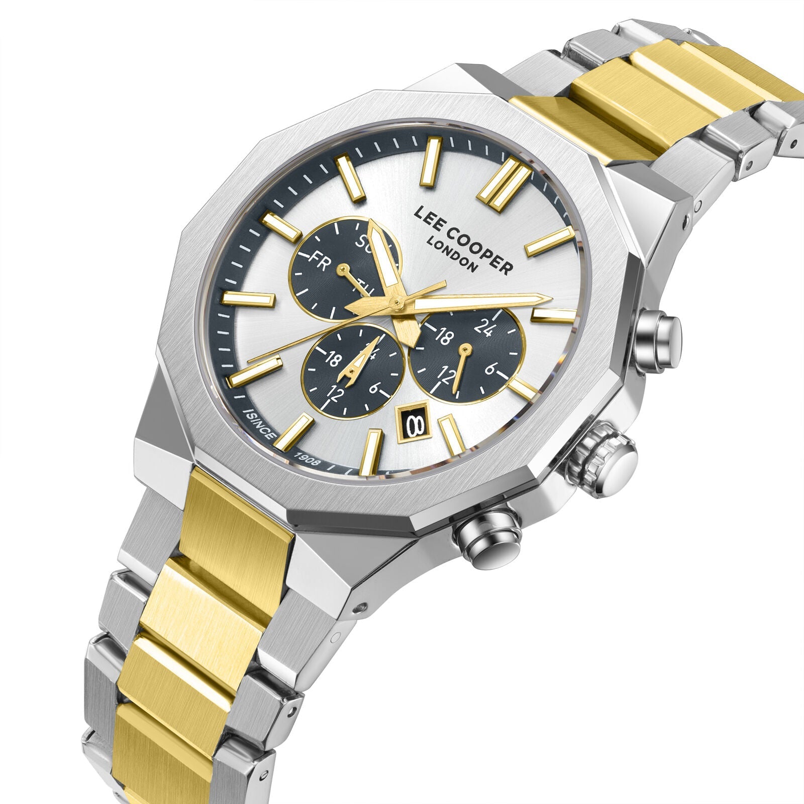 Lee Cooper chronograph watch shown at angle with steel and gold bracelet