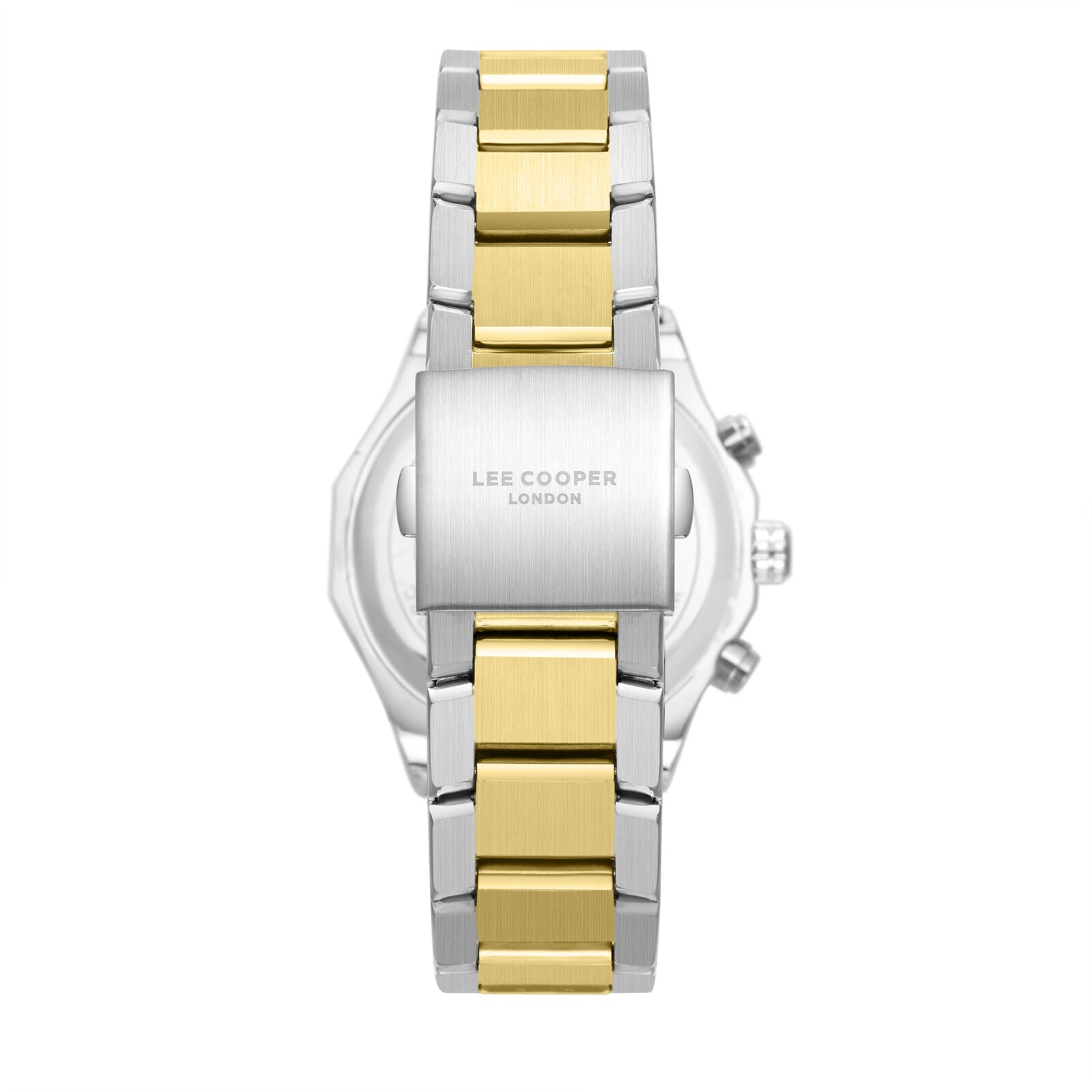 Lee Cooper two-tone watch caseback showing steel and gold bracelet construction