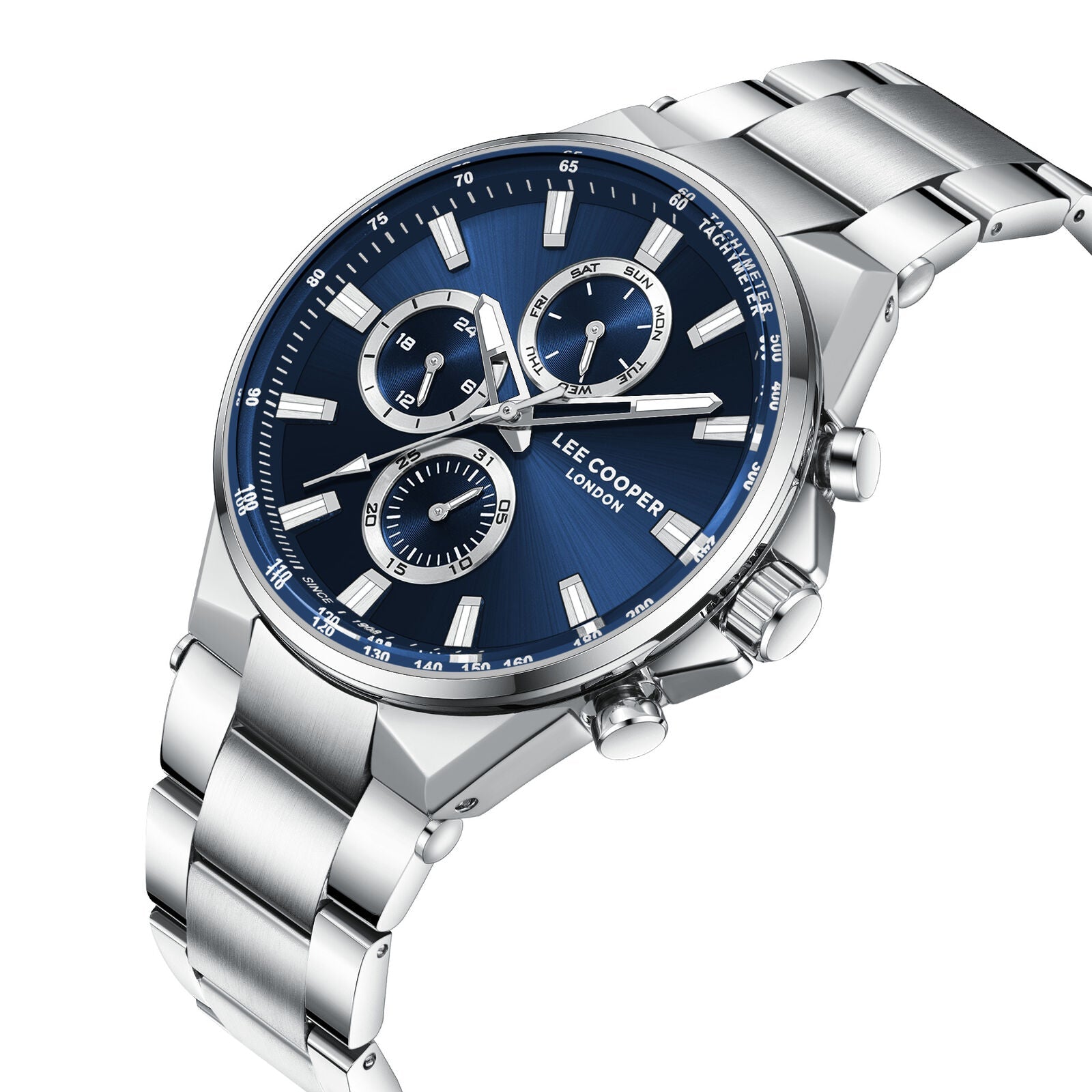 Lee Cooper Contemporary watch angled view showing blue dial with three subdials and metal bracelet