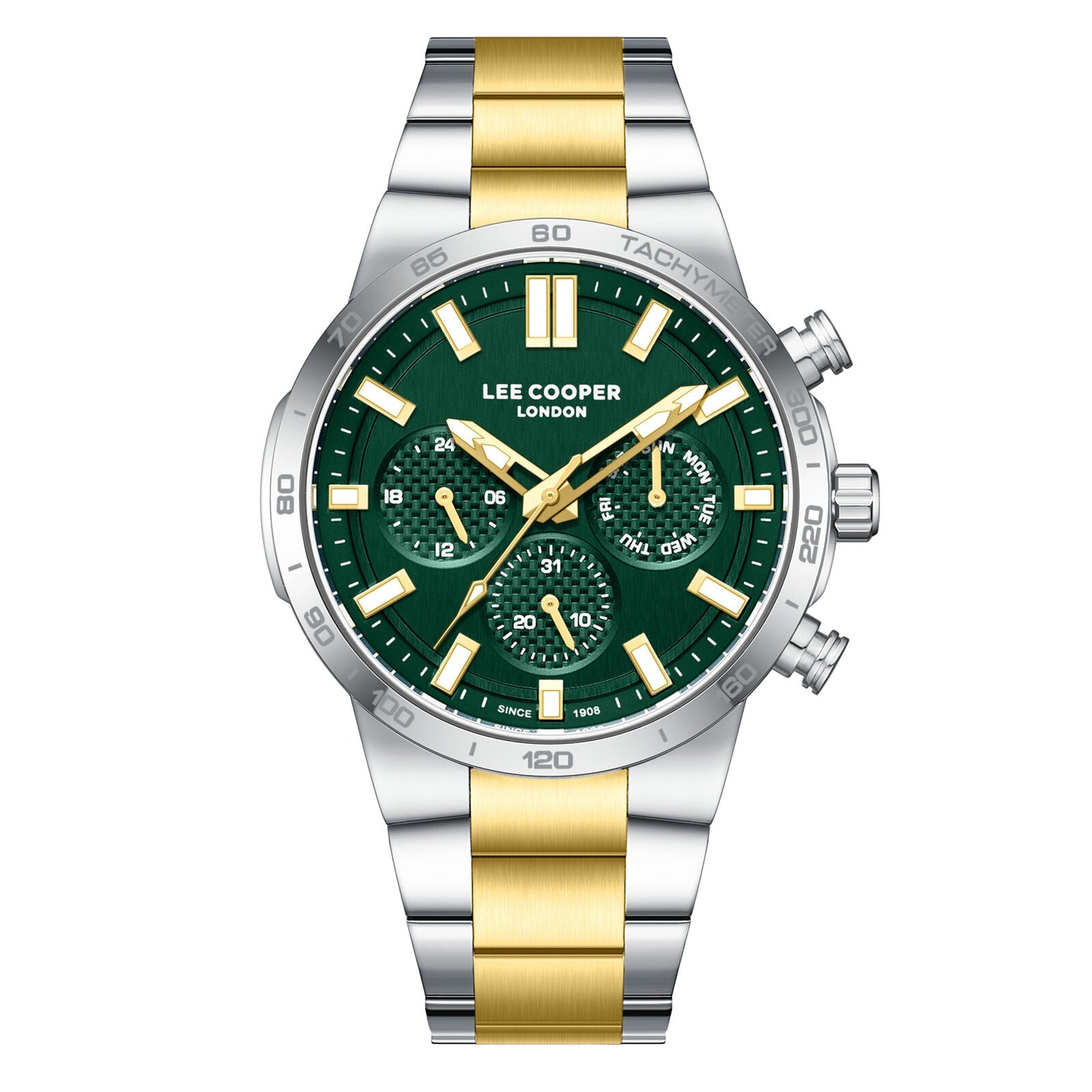 Lee Cooper LC08293.270 chronograph watch with green dial and two-tone bracelet