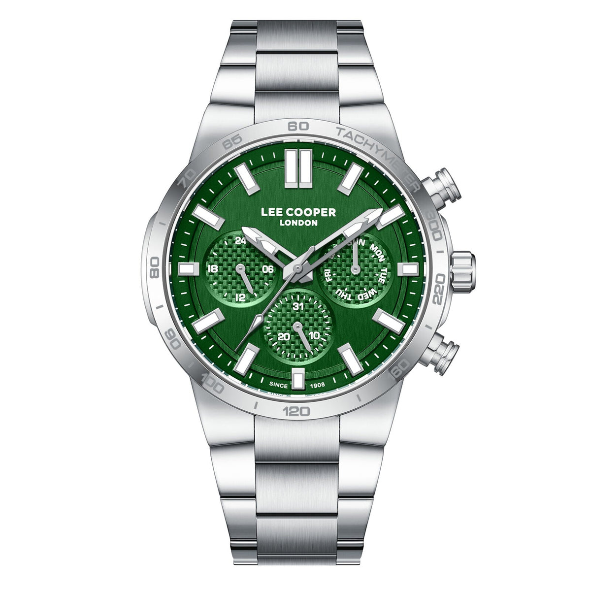 Lee Cooper chronograph watch with green dial and silver-tone stainless steel bracelet