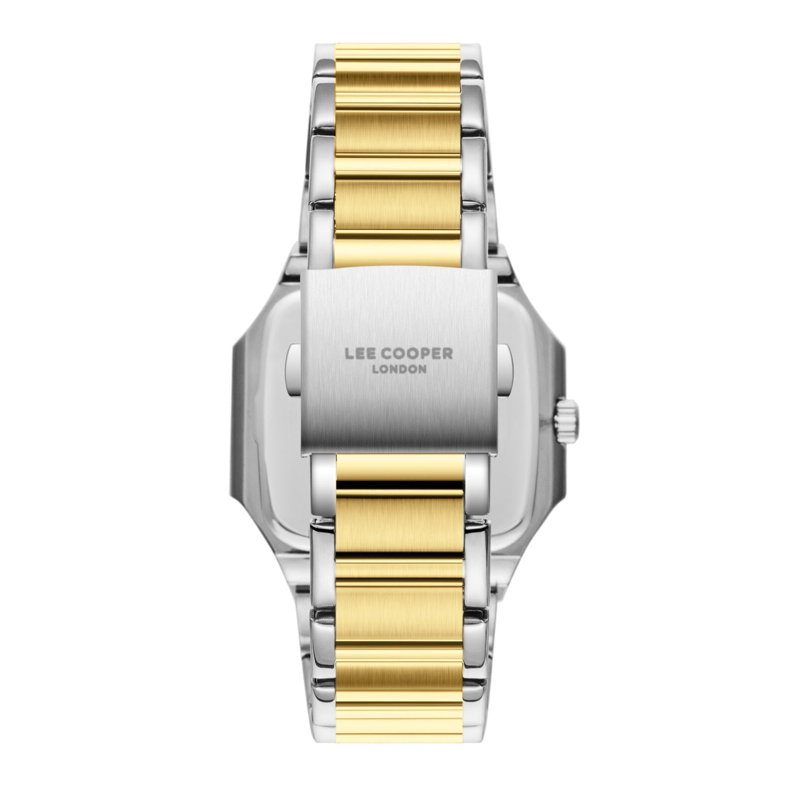 Lee Cooper Maxime watch caseback showing engraved brand text and two-tone bracelet design