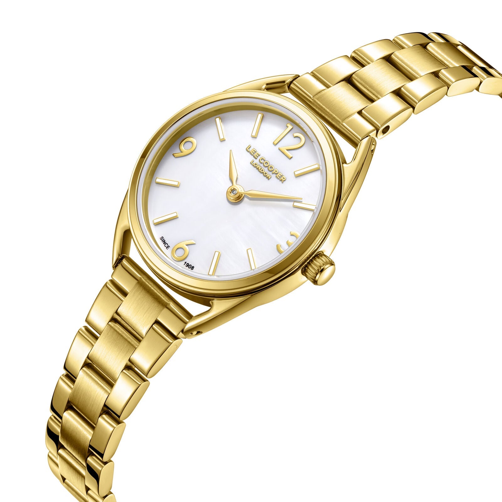 Lee Cooper Nayla gold watch with white MOP dial shown at angle with full gold bracelet