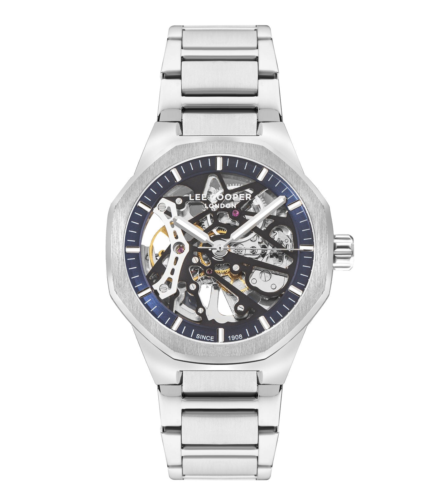 Lee Cooper Richard automatic skeleton watch with blue dial, visible movement, and silver metal bracelet