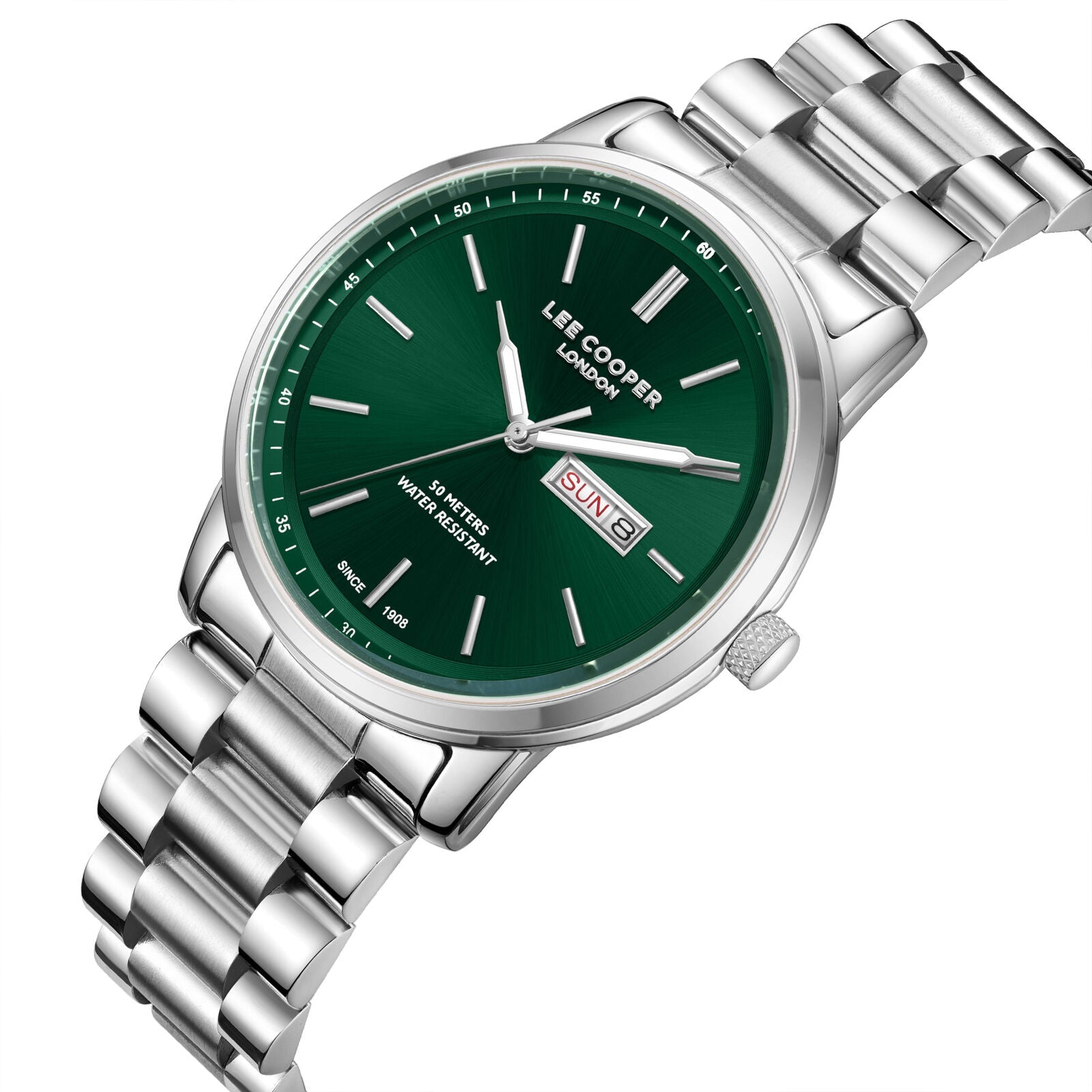 Lee Cooper Urian watch angled view showing silver steel bracelet and green dial
