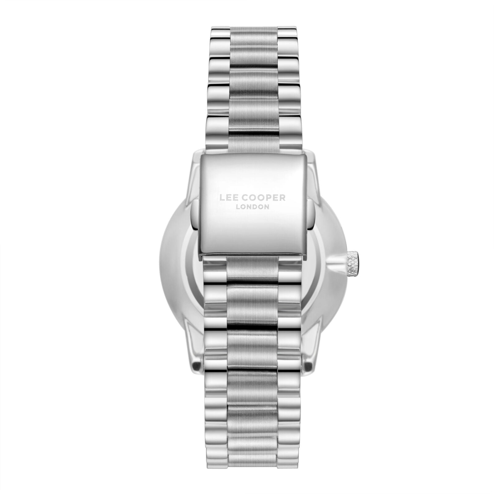 Lee Cooper Urian watch caseback showing engraved branding and steel bracelet