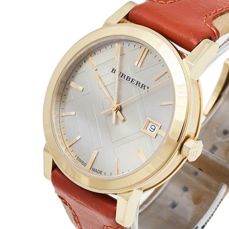 Burberry Women's Swiss Haymarket Check Fabric and Smooth Orange Leather Strap Women's Watch BU9016 - Dawson Watches #3