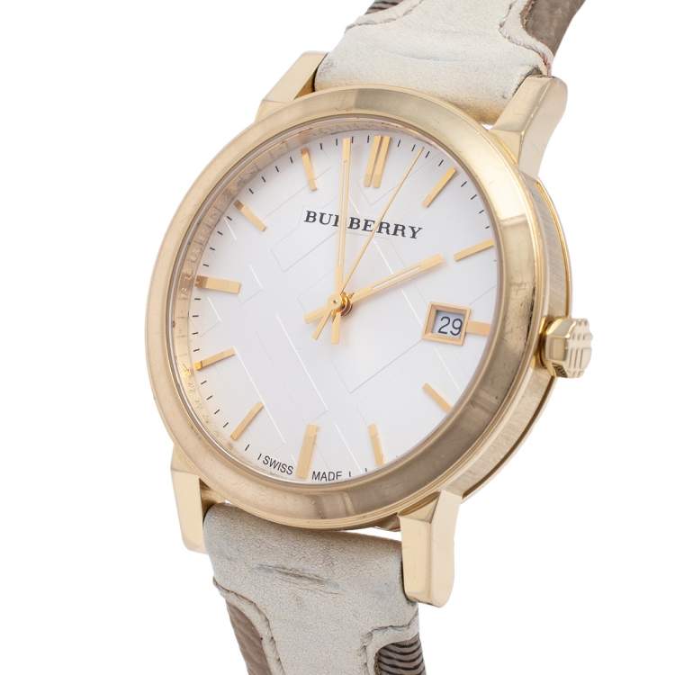 Burberry BU9015 Women's Swiss Heymarket Check Fabric and White Leather Band White Dial Women's Watch BU9015 - Dawson Watches #3