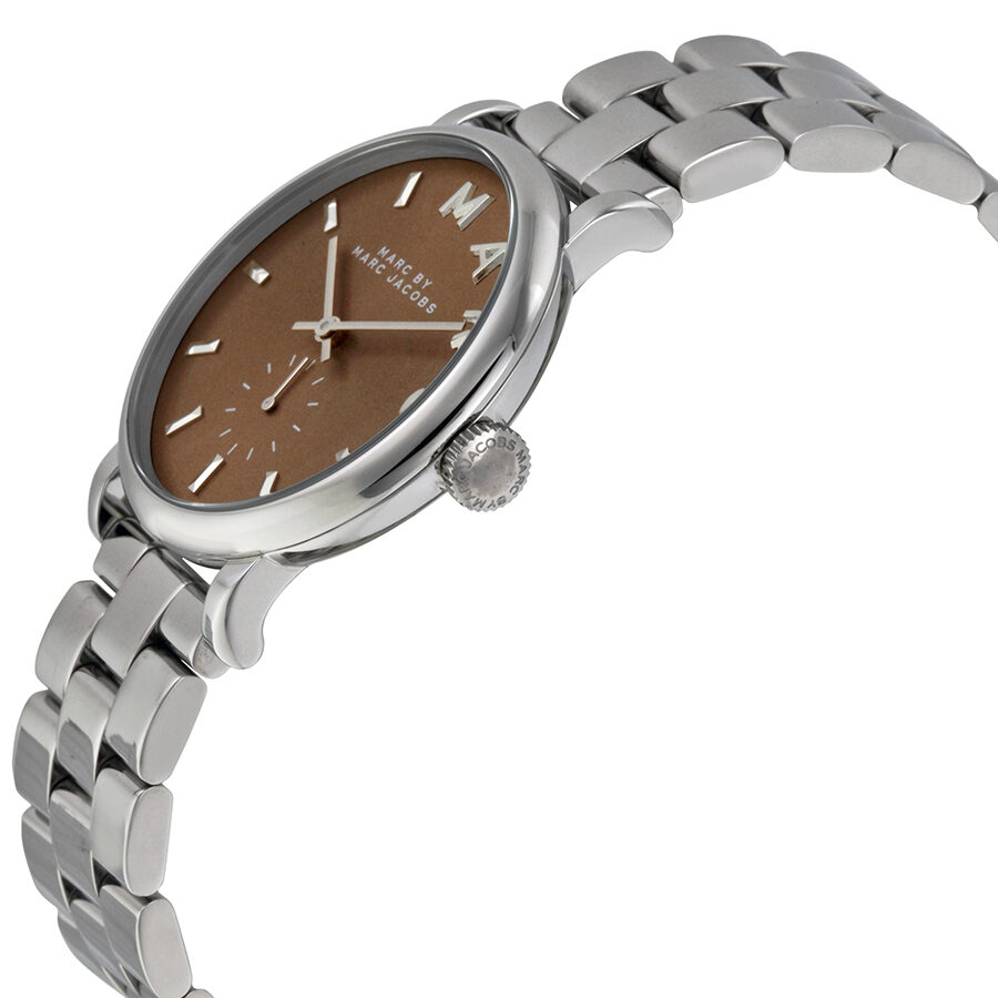 Marc By Marc Jacobs Baker watch side view showing brown dial and silver-tone metal bracelet