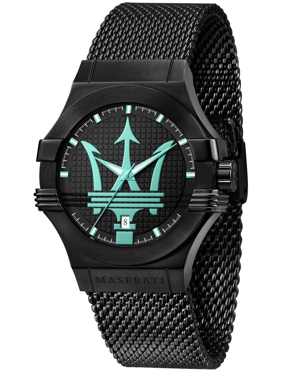 Maserati Potenza Aqua Edition black watch with cyan trident logo on dial and black mesh strap