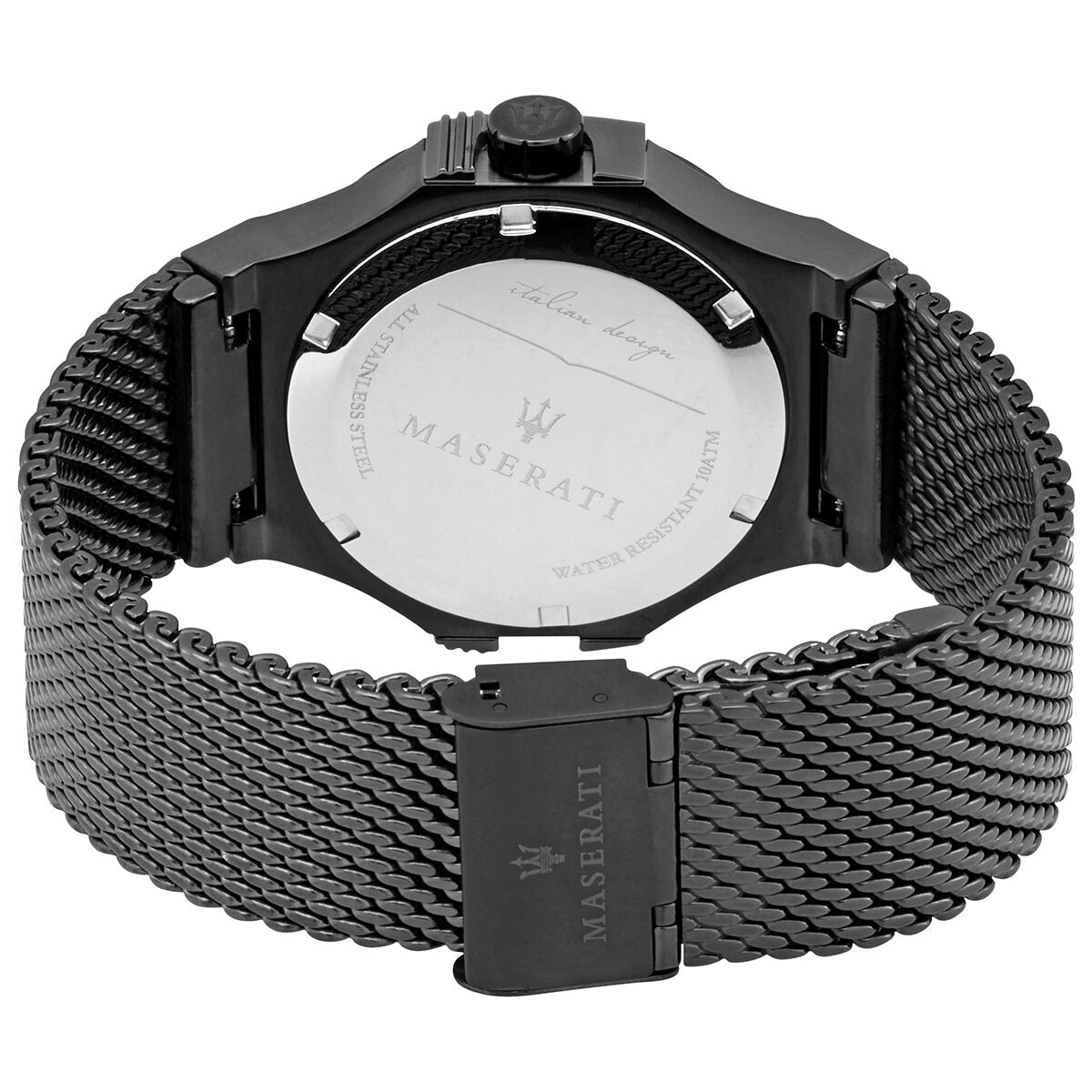 Caseback of Maserati Potenza watch showing engraved Maserati branding and dial