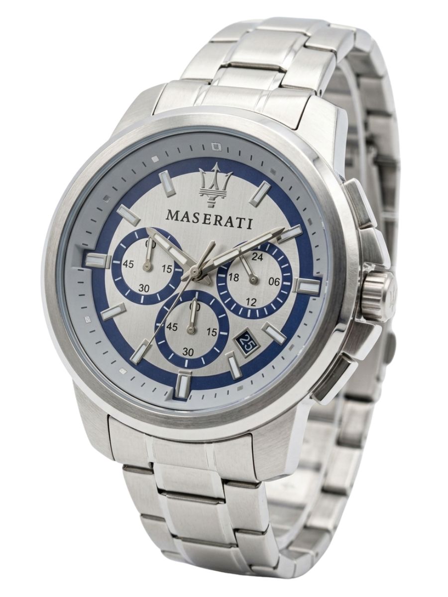 Maserati Successo chronograph watch at three-quarter angle showing silver case and stainless steel bracelet