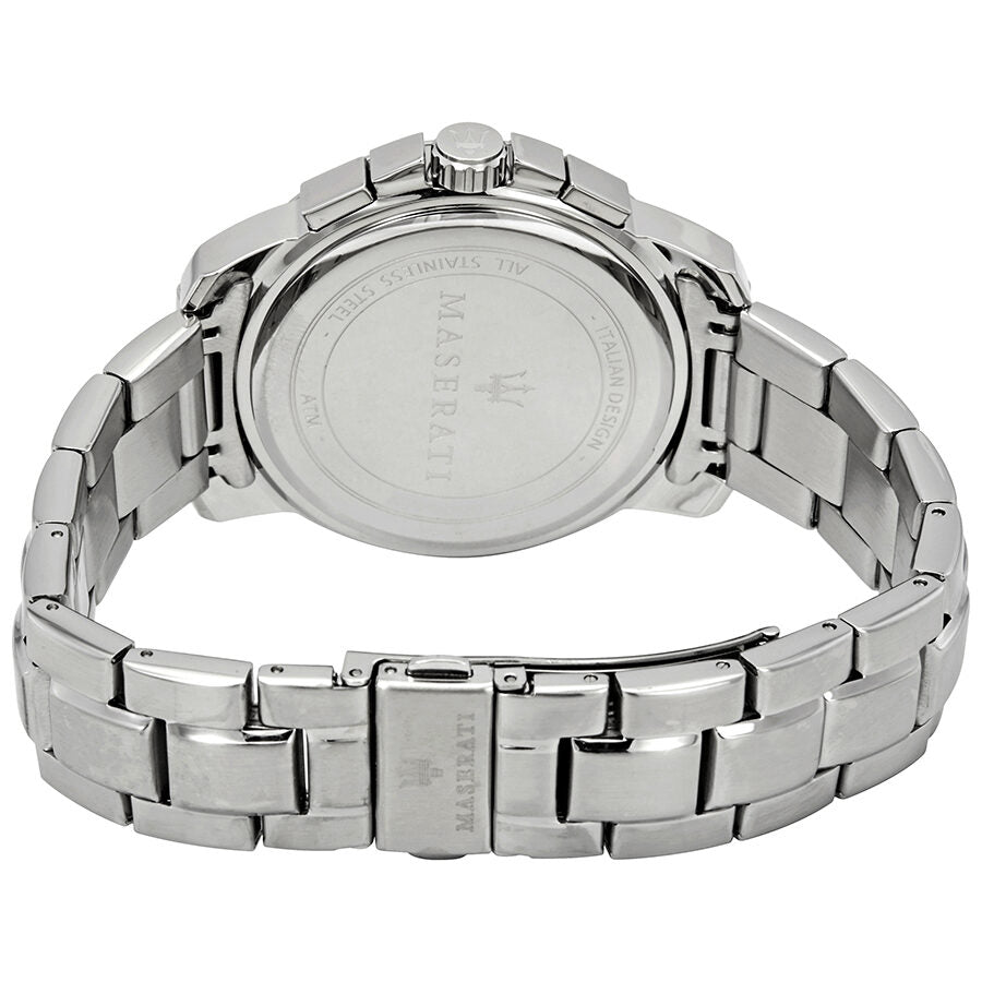 Caseback of Maserati Successo chronograph showing stainless steel with engraved branding