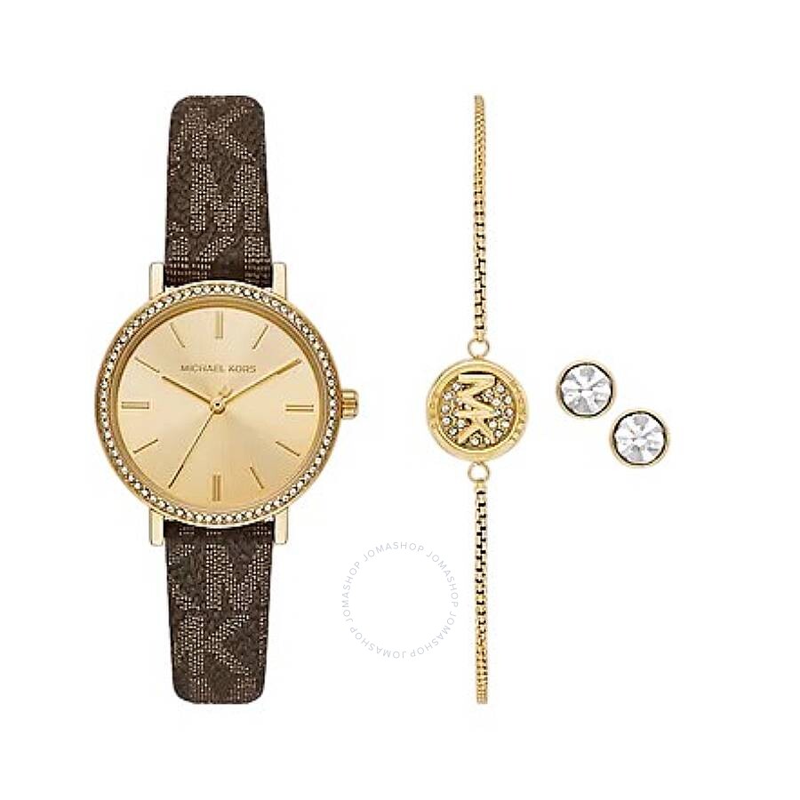 Michael Kors Addyson Quartz Crystal Gold Dial Ladies Watch and Jewelry Set - Dawson Watches