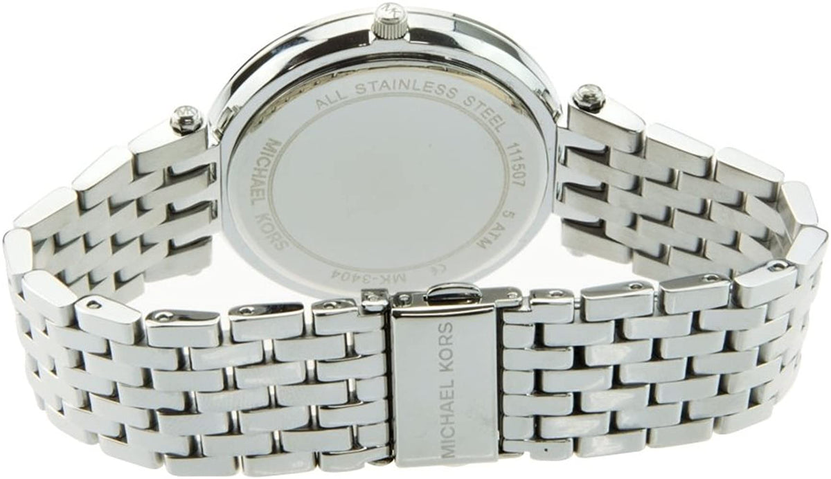 Michael Kors Darci watch caseback showing stainless steel construction
