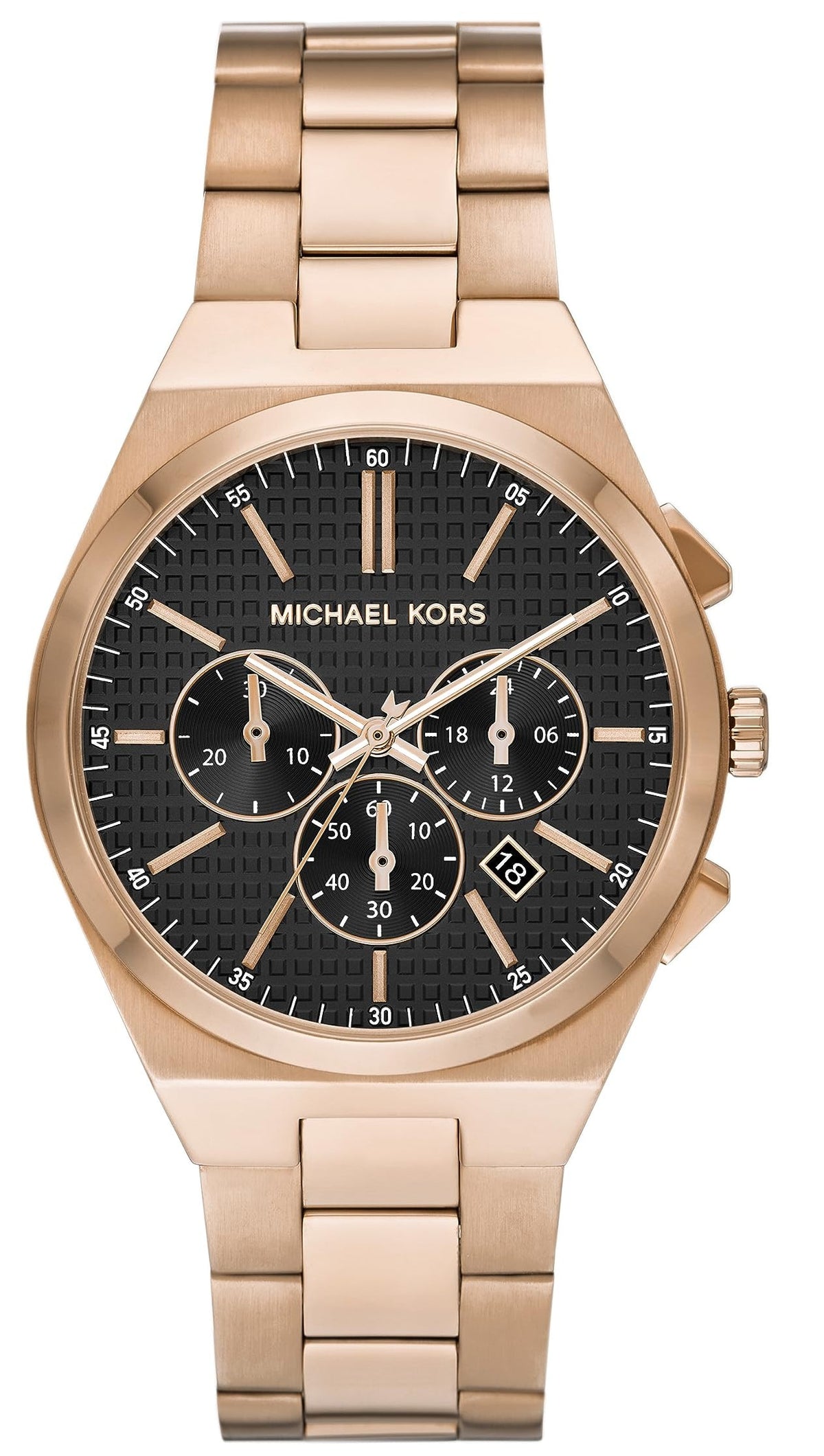 Michael Kors Oversized Lennox Chronograph rose gold-tone men's watch with black dial and chronograph subdials