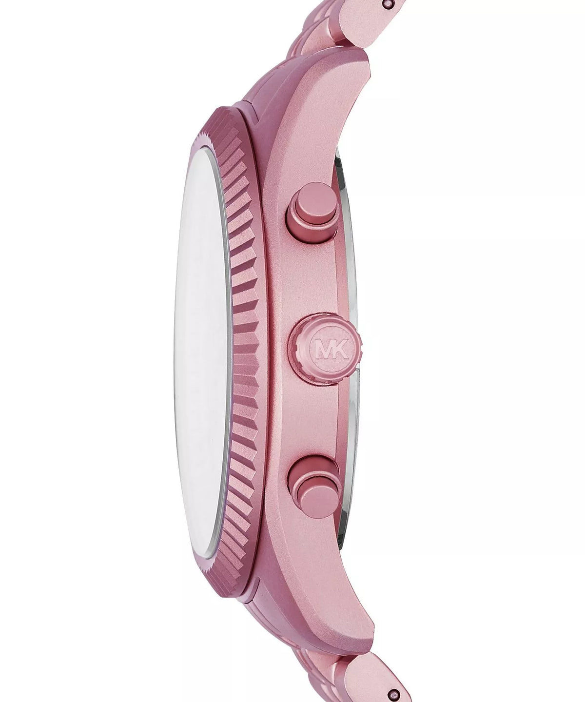 Michael Kors Lexington Chronograph pink aluminum case and bracelet shown from side profile