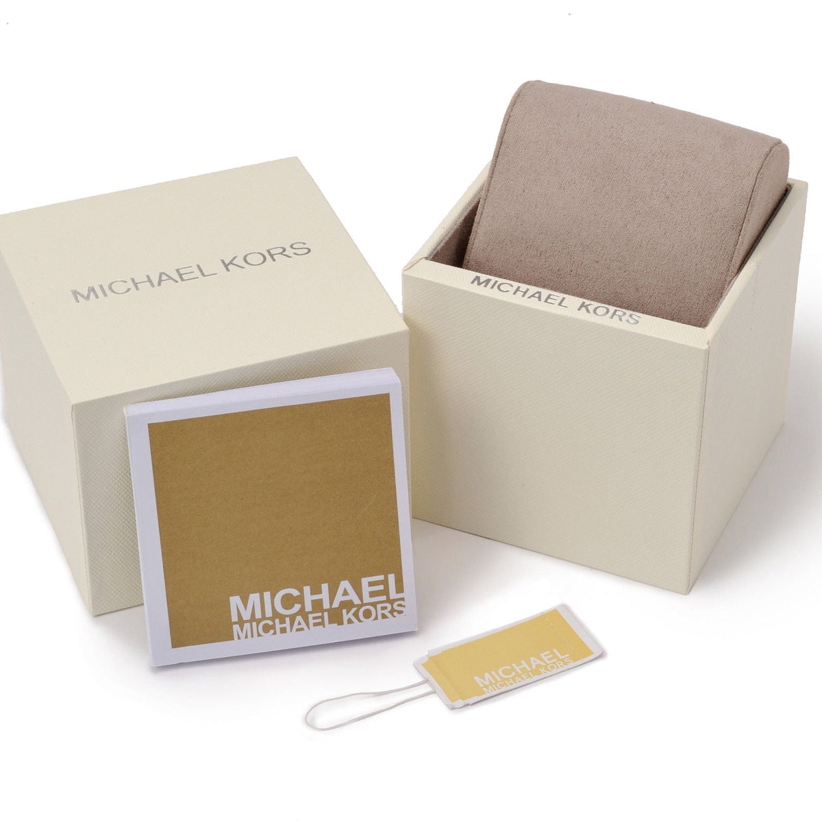 Michael Kors Lexington watch packaging with cream box and fabric pouch