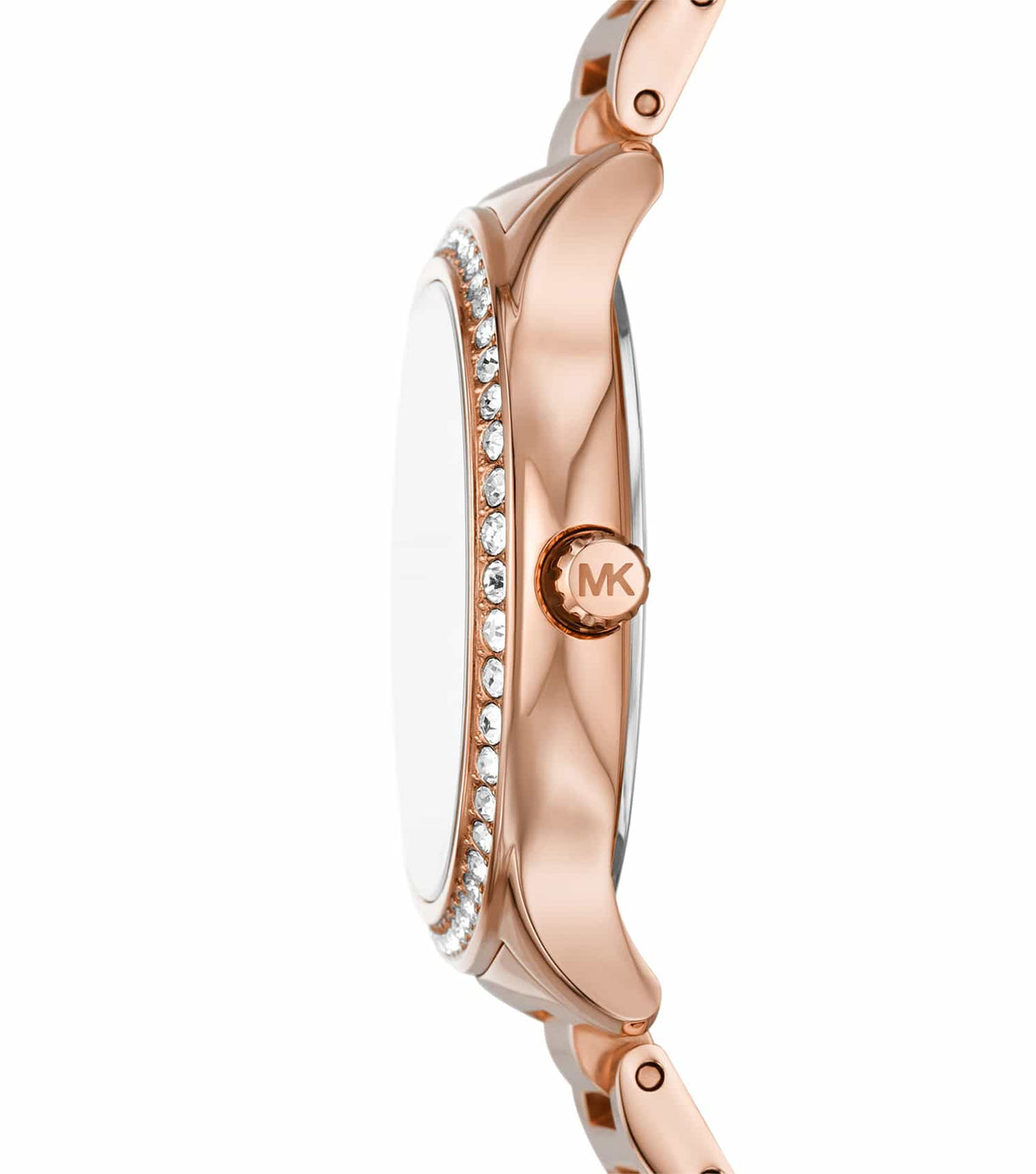 Michael Kors Sage MK4806 side view showing rose gold case with crystal-set bezel