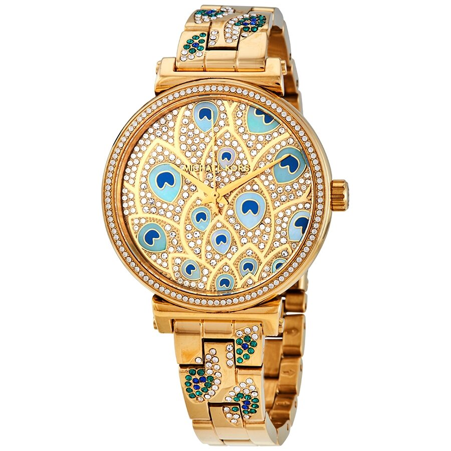 Michael Kors Sofie Quartz Crystal Peacock Feather Motif Dial Ladies Watch MK3945 - BigDaddy Watches