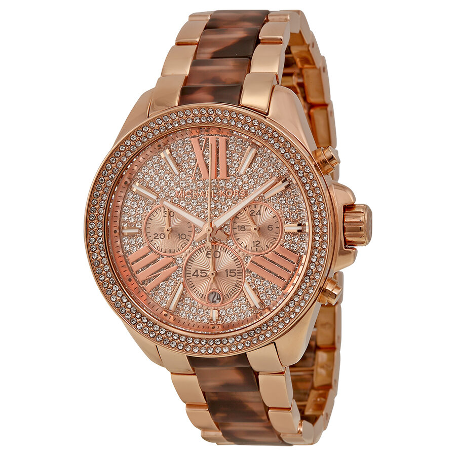 Michael Kors Wren Chronograph Crystal Pave Dial Rose Gold-tone and Tortoise-shell Acetate Ladies Watch MK6159 - BigDaddy Watches