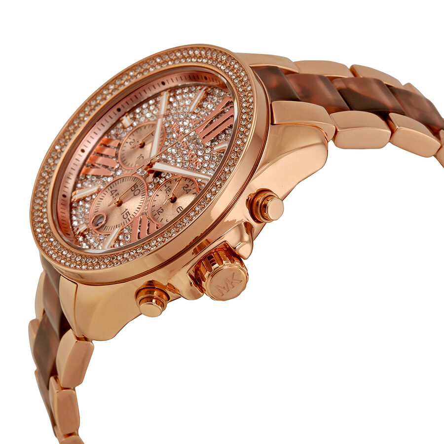 Michael Kors Wren Chronograph Crystal Pave Dial Rose Gold-tone and Tortoise-shell Acetate Ladies Watch MK6159 - BigDaddy Watches #2