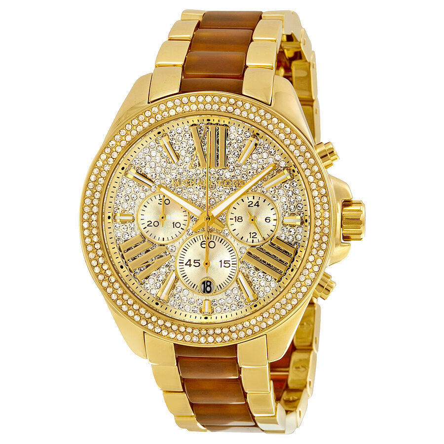 Michael Kors Wren Crystal Pave Dial Chronograph Gold-Tone and Amber Tortoise Acetate Ladies Watch MK6294 - BigDaddy Watches