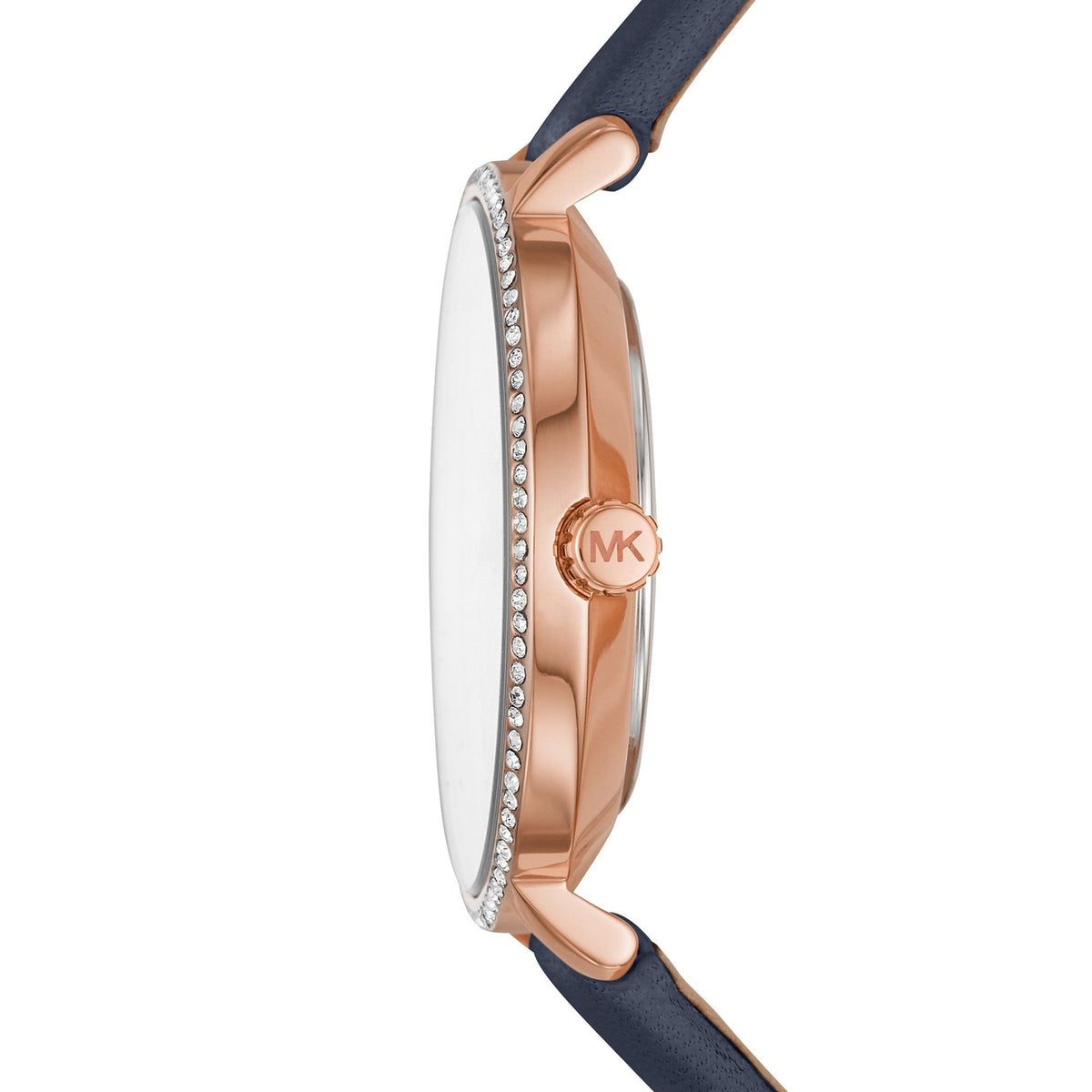 Side profile of MK2804 showing rose gold case depth and crystal-set bezel detail