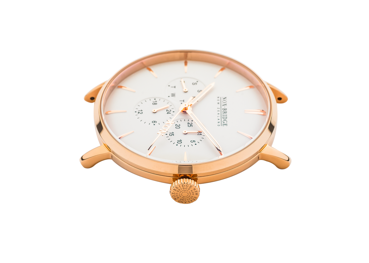 Overhead angle view of Noxbridge Classic Alcyone rose gold 36mm watch with white dial