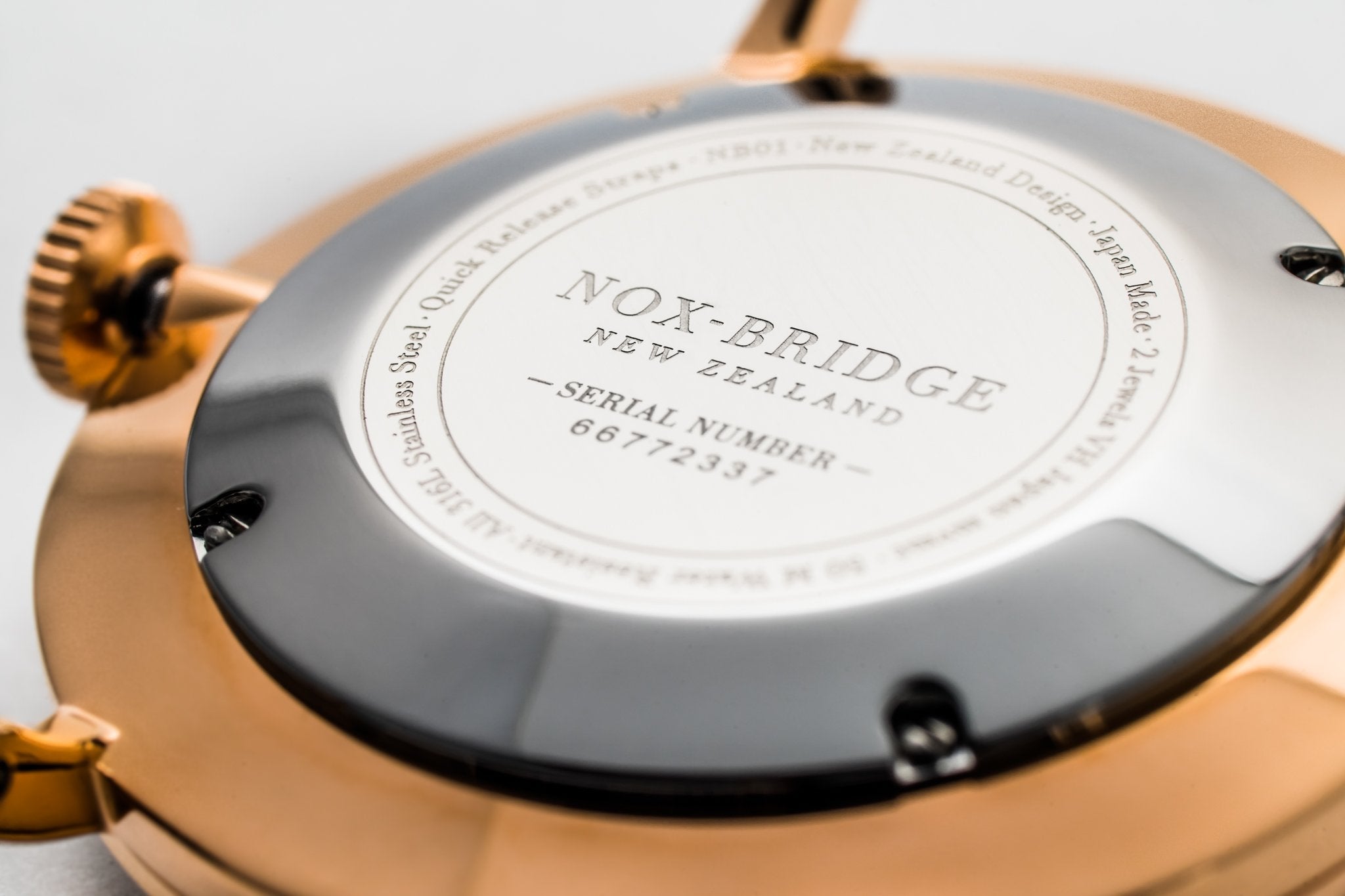 Caseback of Noxbridge Classic Alcyone rose gold watch with serial number engraving