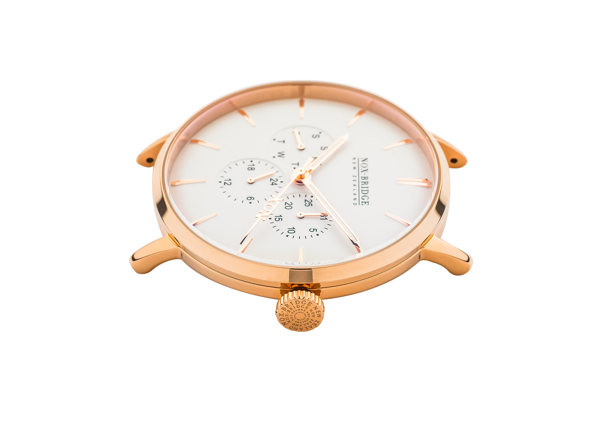 Angled view of Noxbridge Classic Meissa rose gold case and cream dial
