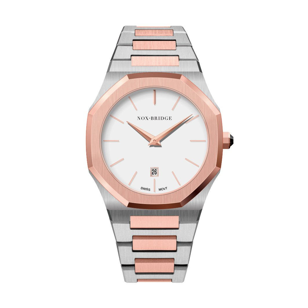 Noxbridge ECC40TT two-tone watch with silver and rose gold stainless steel bracelet