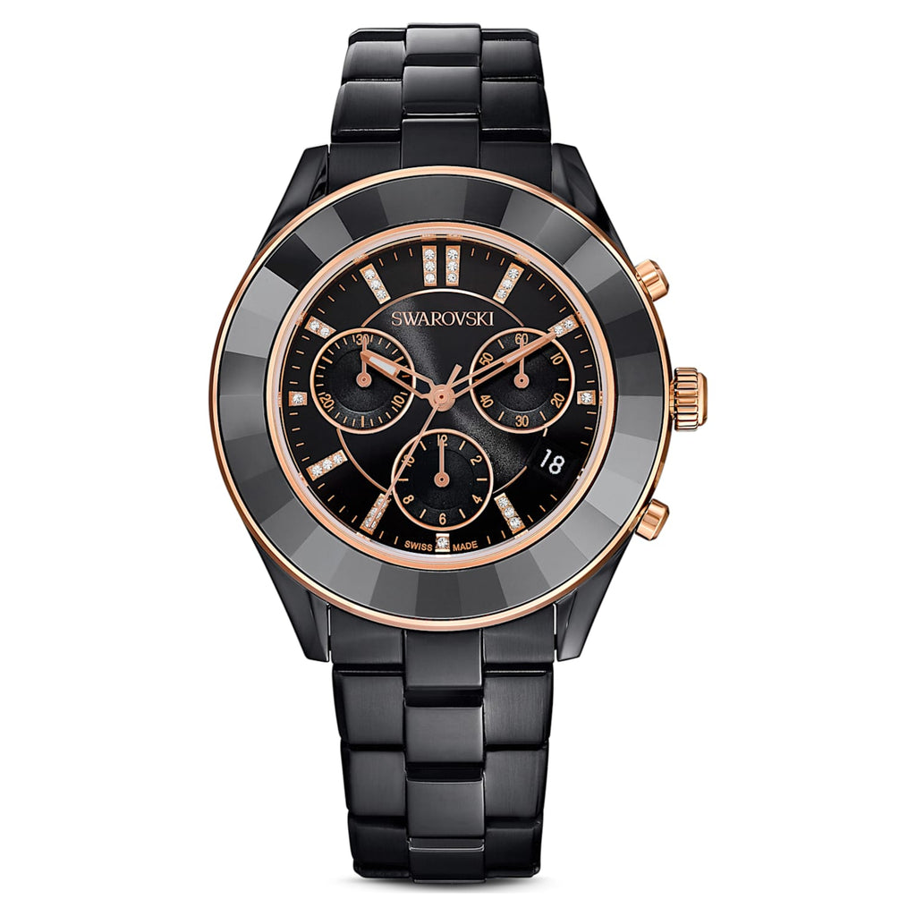 Swarovski Octea Lux Sport Faceted Crystal Bezel Black Dial Black PVD Unisex Watch 5610472