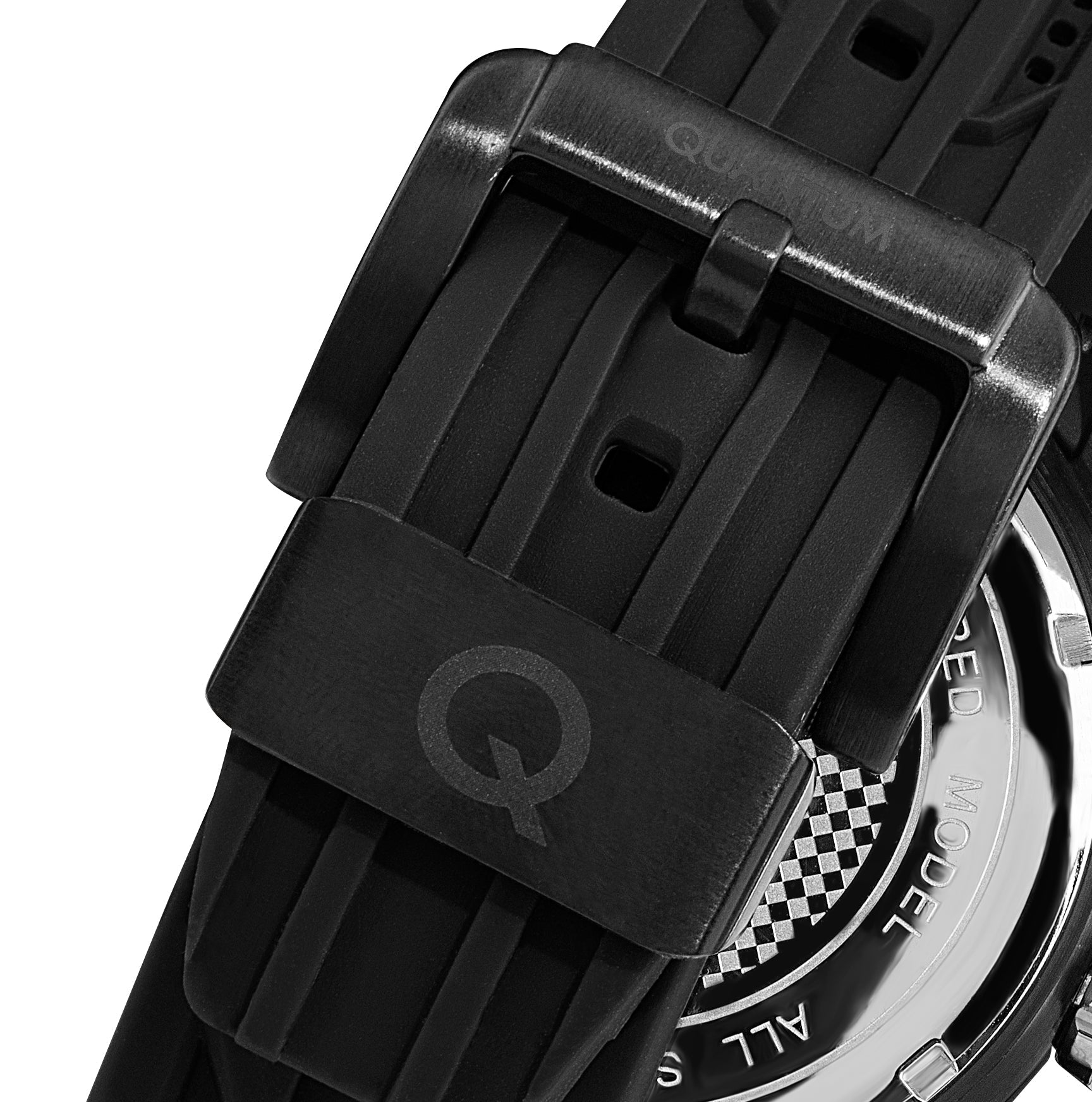 Watch case back detail showing Quantum branding and checkered pattern