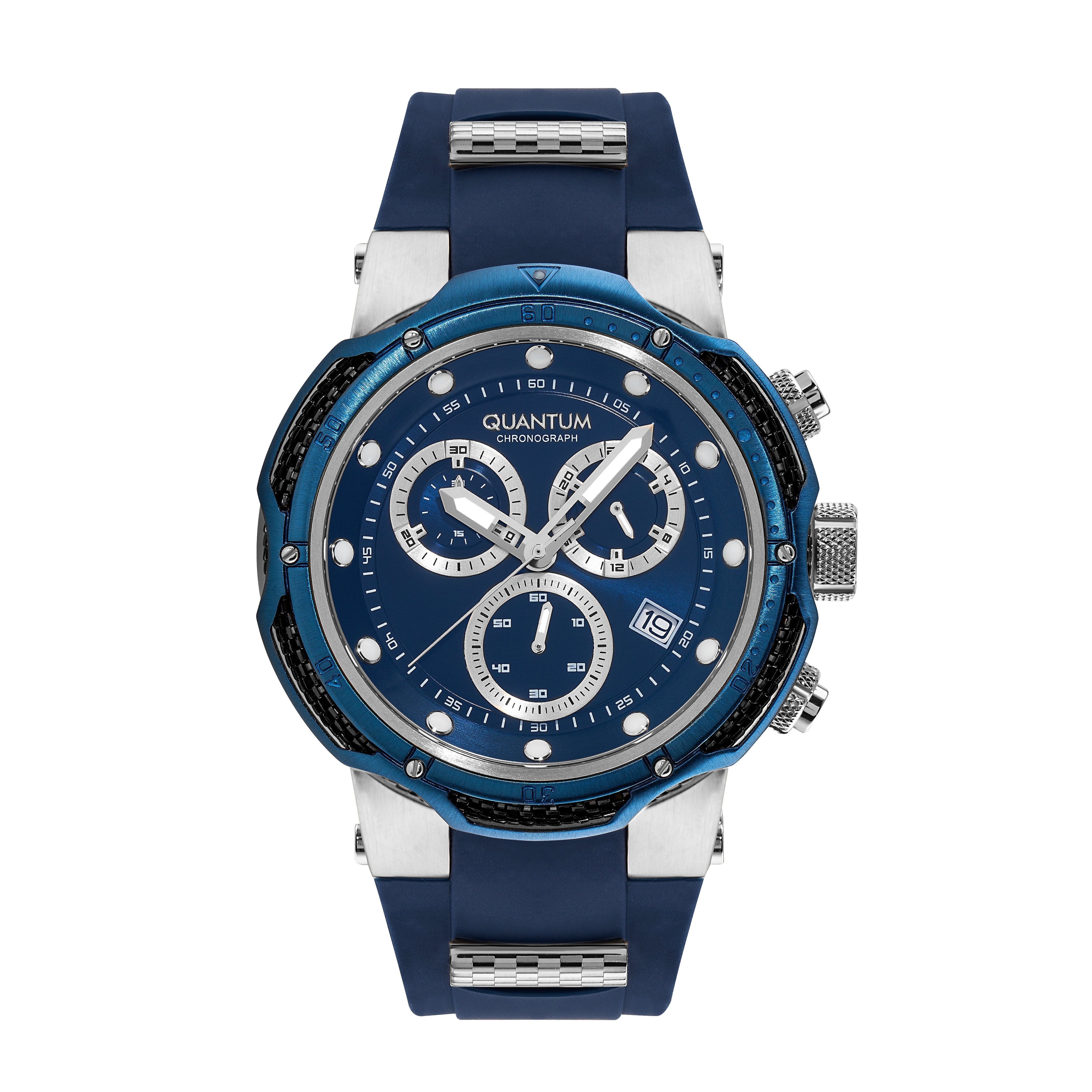 Quantum Hunter dark blue dial chronograph watch with three subdials and date window