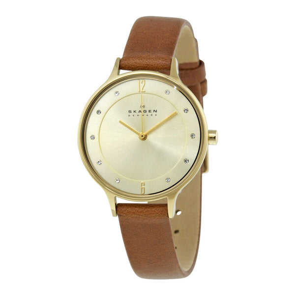 Skagen Anita Champagne Dial Brown Leather Ladies Watch SKW2147