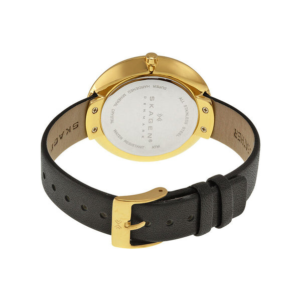 Skagen Ditte Gold Dial Black Leather Ladies Watch SKW2262