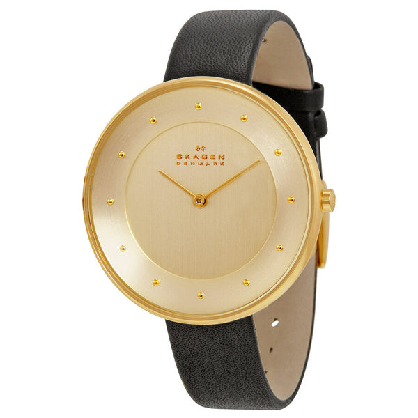 Skagen Ditte Gold Dial Black Leather Ladies Watch SKW2262