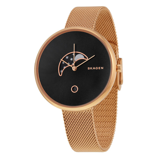 Skagen Gitte Black Dial Rose Gold Mesh Ladies Watch SKW2371