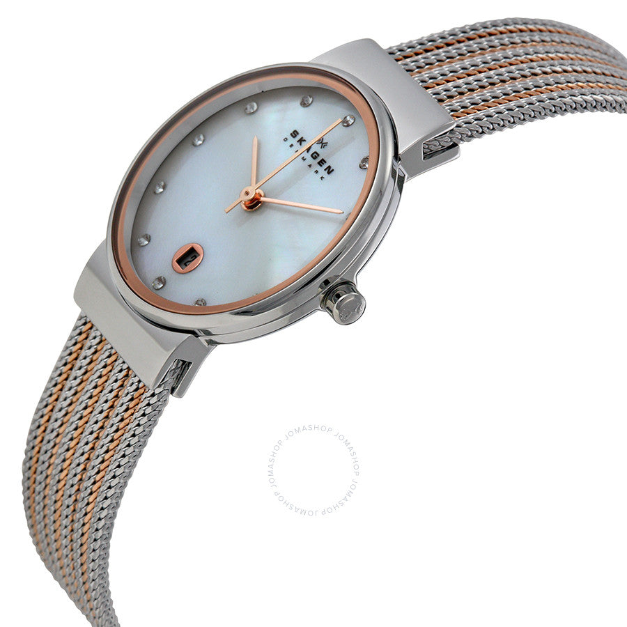 Skagen Mother of Pearl Dial Two-tone Mesh Ladies Watch 355SSRS