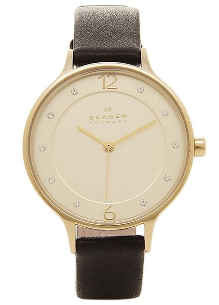 Skagen Anita Gold Dial Black Leather Ladies Watch SKW2266