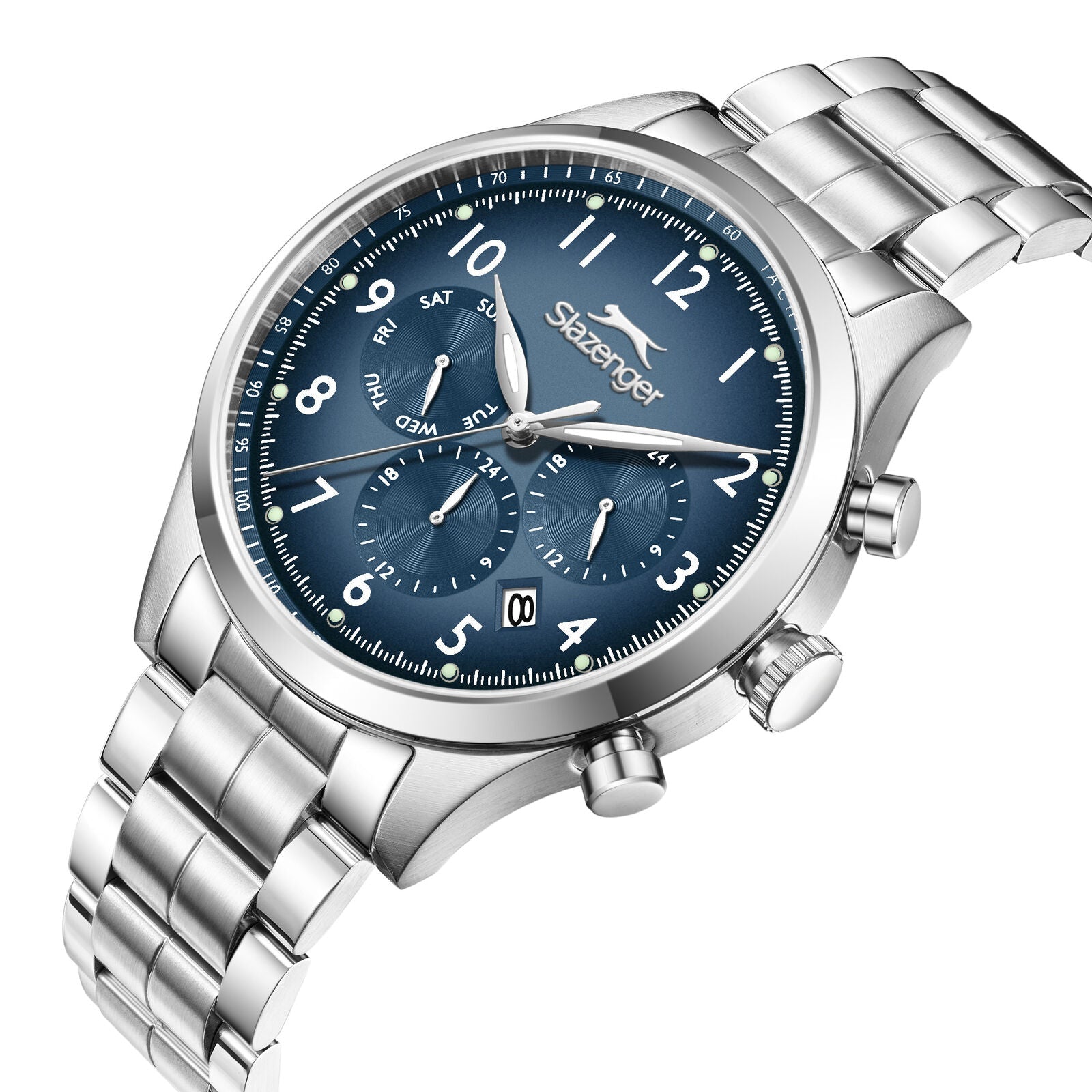Slazenger Big Daddy chronograph watch angled view showing blue dial and steel bracelet