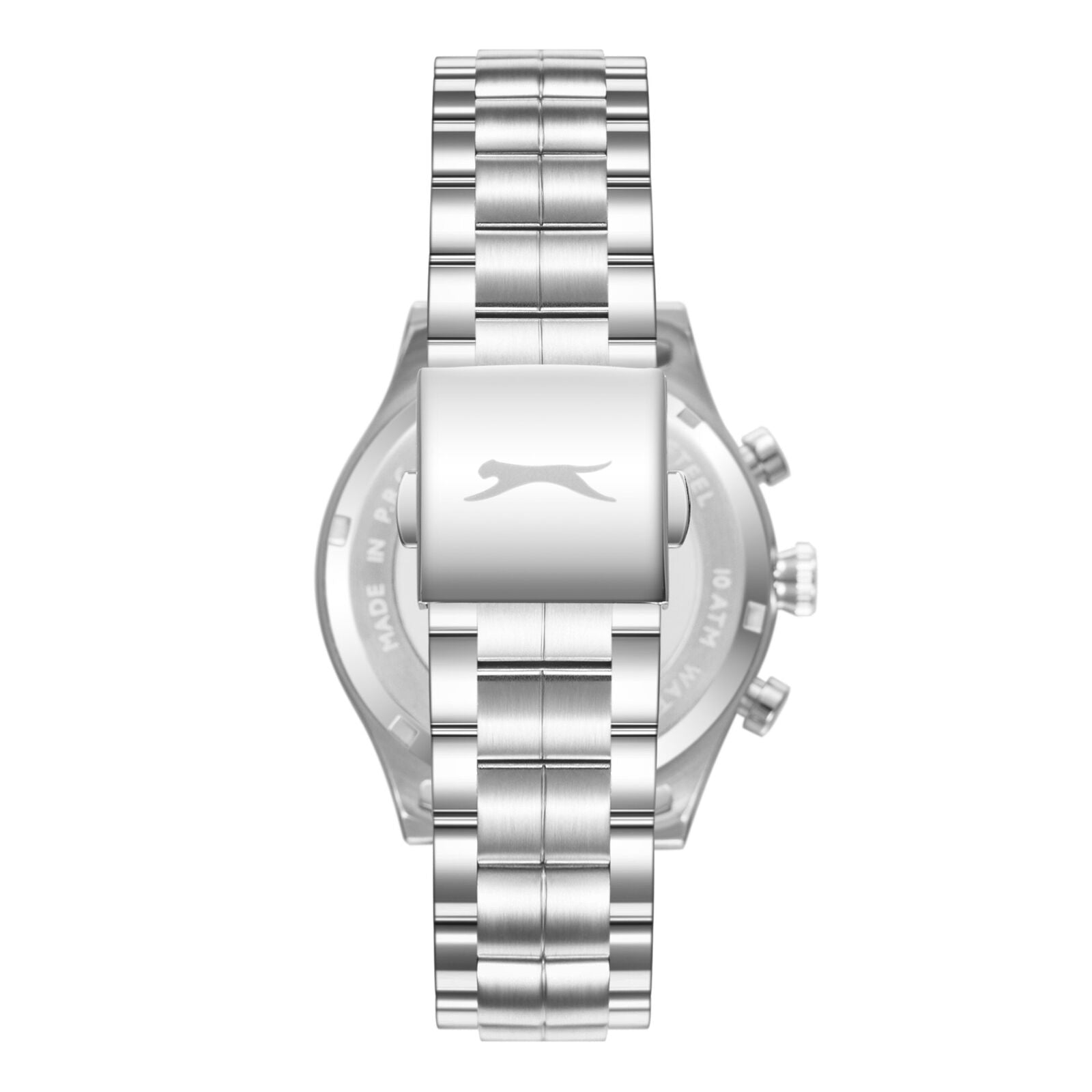 Caseback view of Slazenger Big Daddy chronograph watch showing silver steel case