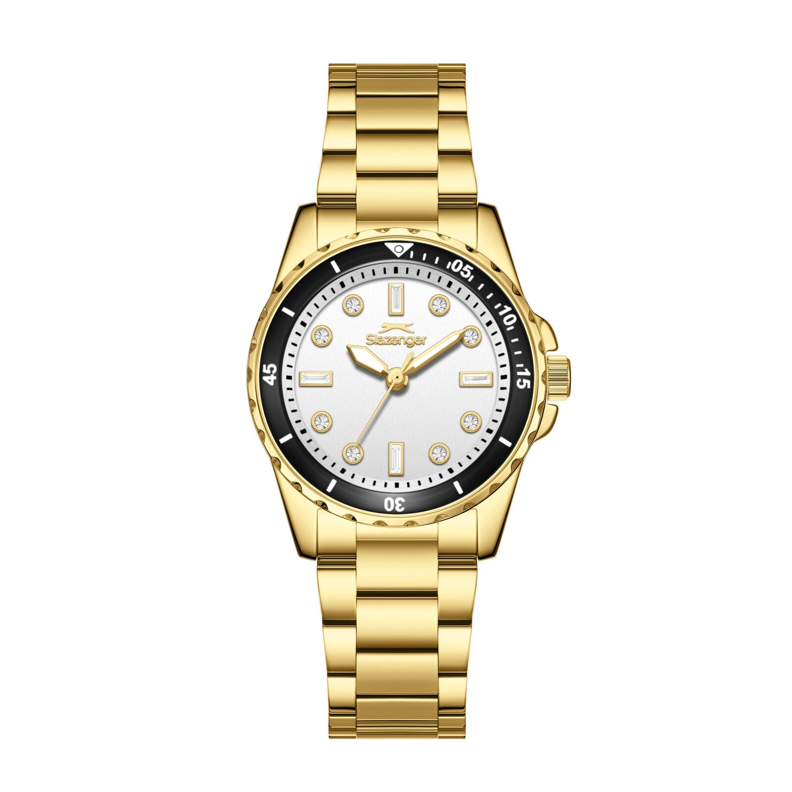 Slazenger Classic Crystals gold watch with silver dial and crystal hour markers