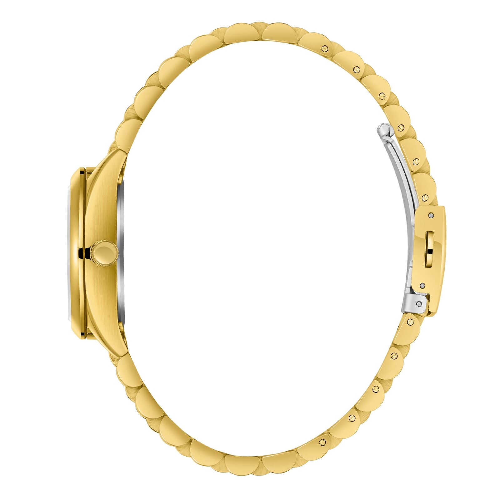 Side view of gold Slazenger Classic watch bracelet showing fold clasp
