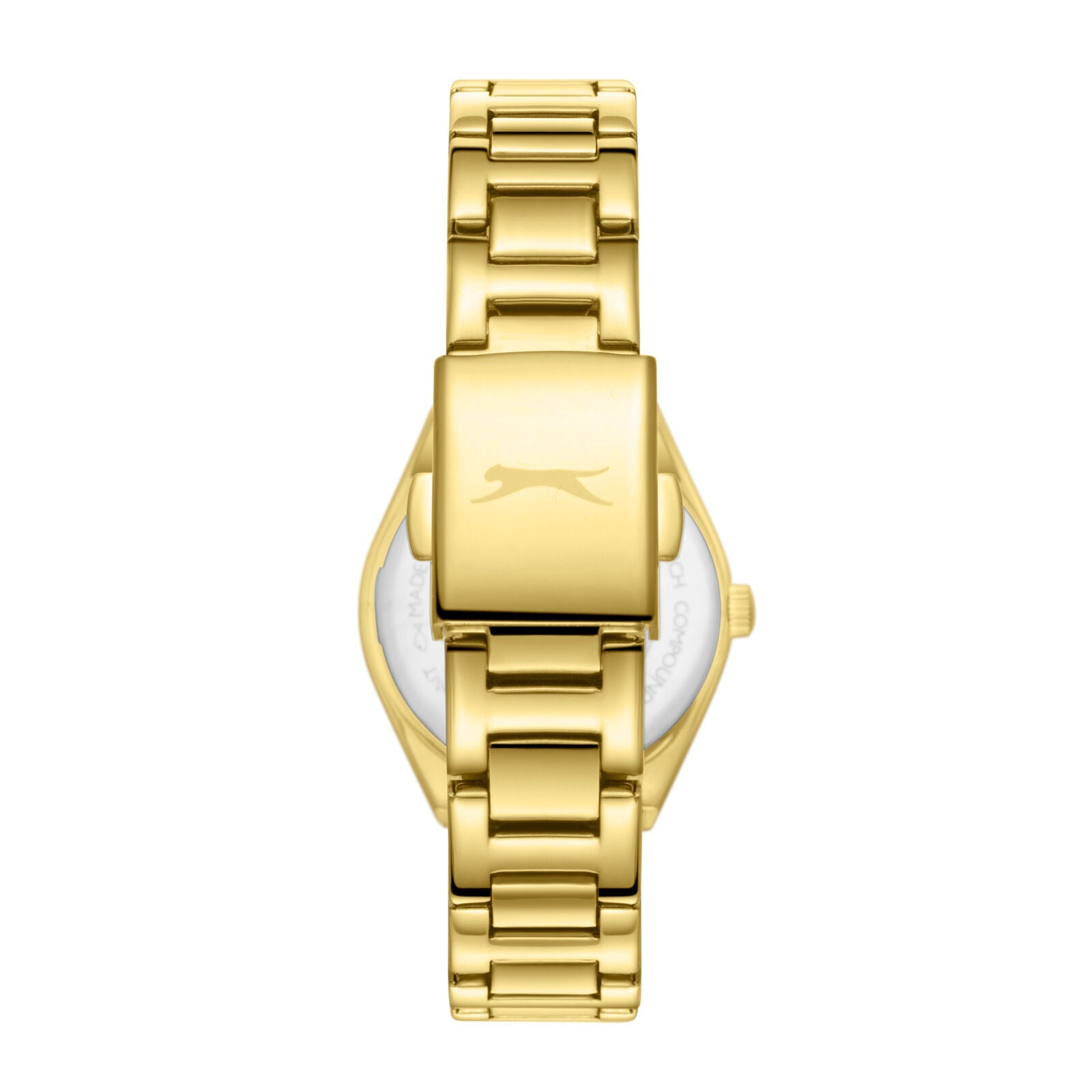 Slazenger Crystals gold watch caseback view showing solid gold case