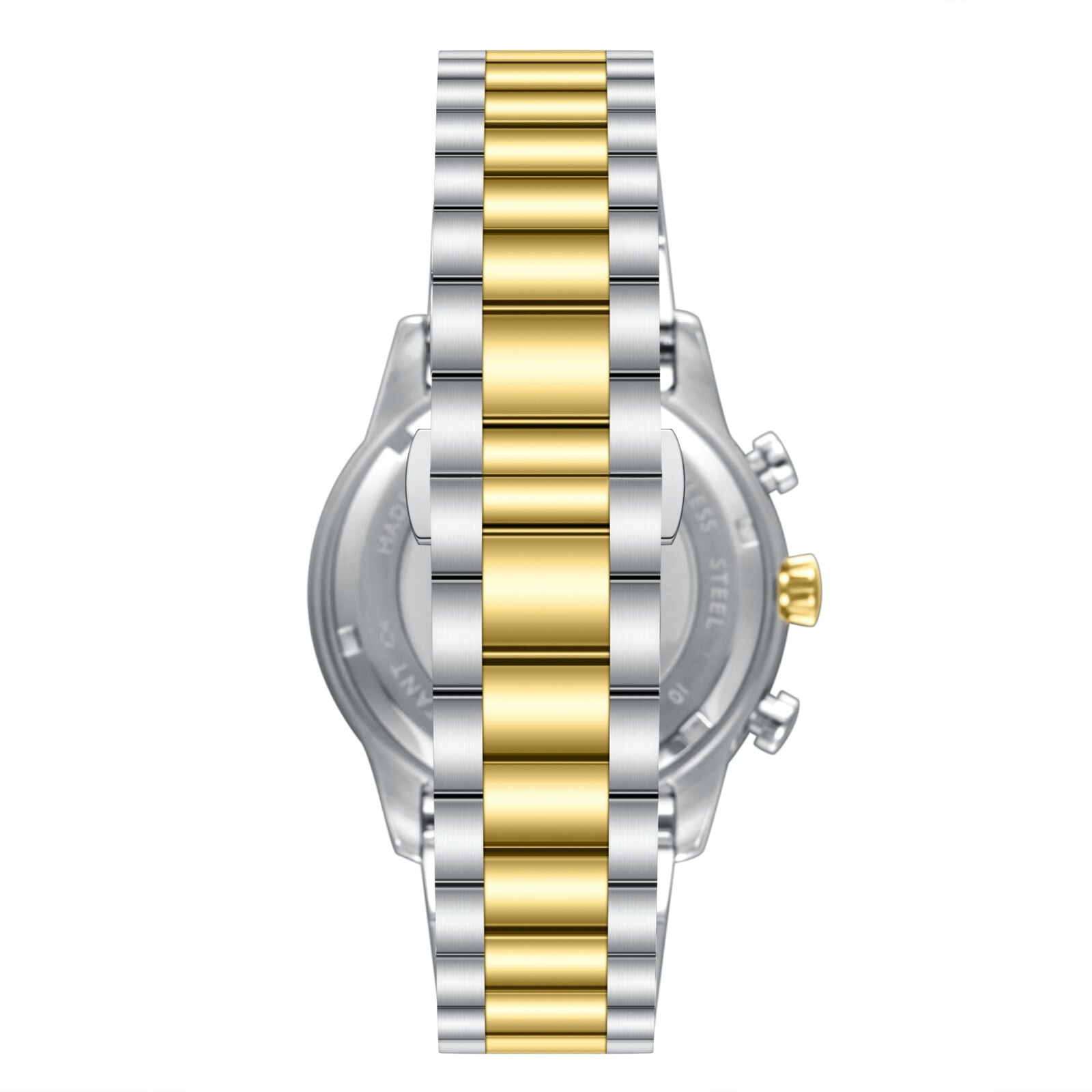 Caseback view of Slazenger dual time watch with two-tone silver and gold stainless steel bracelet