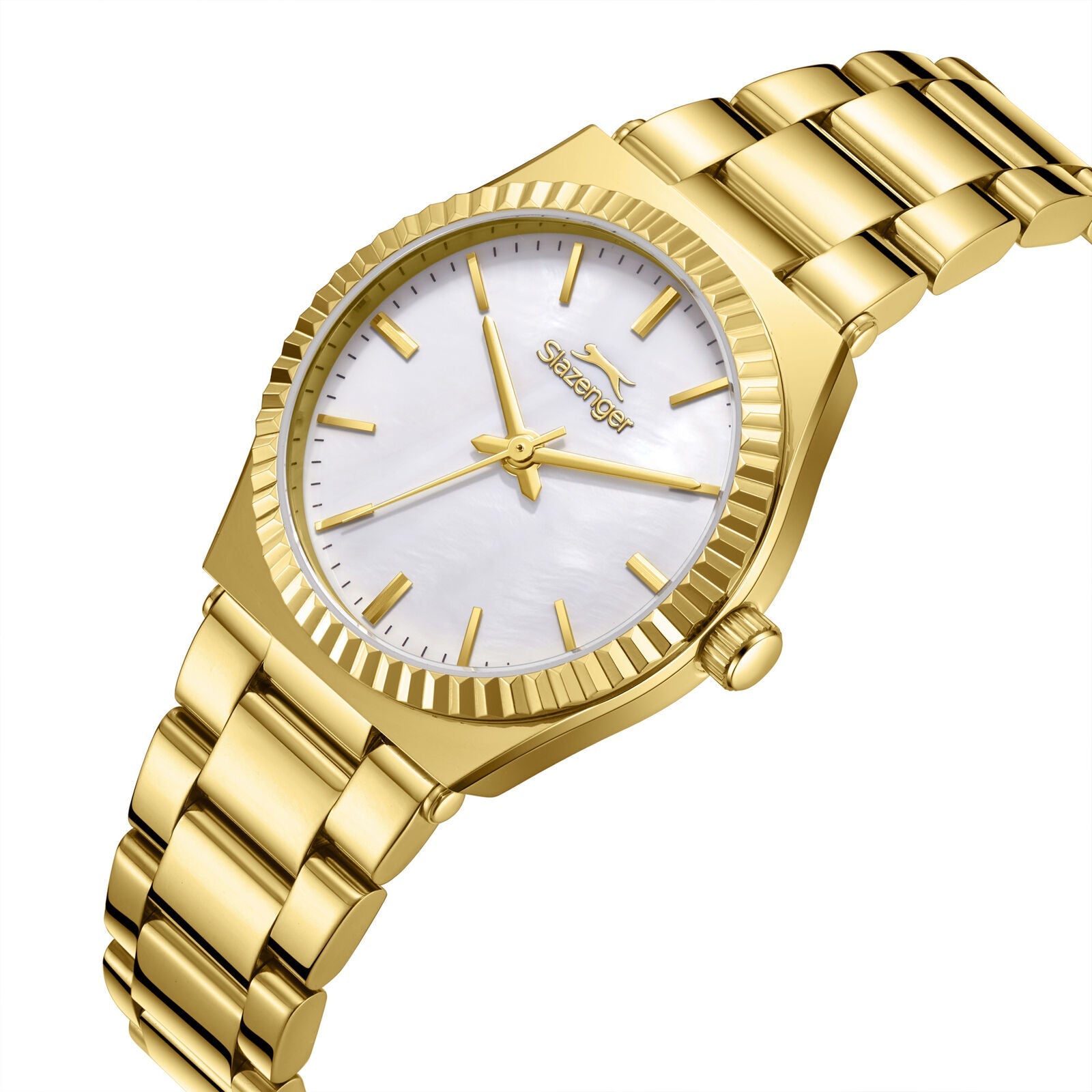 Gold watch with white MOP dial, gold indices, and gold bracelet at angle